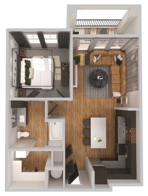 A1 one bedroom floor plan, 747 square feet